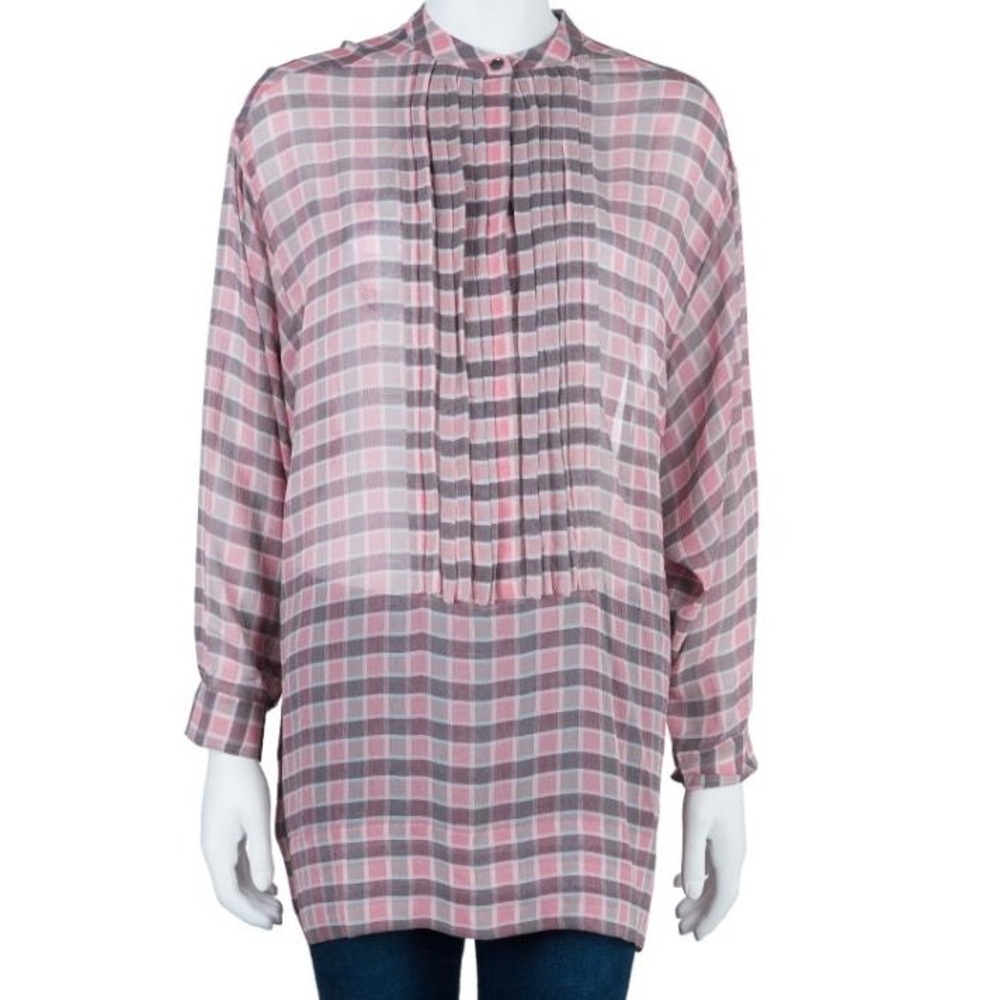 Burberry Pink & Gray Plaid Vintage 100% Silk Nova Check Tunic Blouse Size S